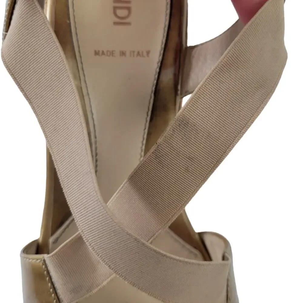 Fendi Neutrals Patent Leather Wedge Platform Sandals IT 38 (8 Women) Gold Tan